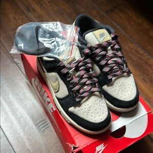 Nike Women's Dunk Low LX Team gold coconut milk Black and Cream Suede Sneakers
